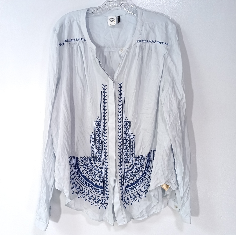 Light Blue Embroidered Split-Neck Blouse